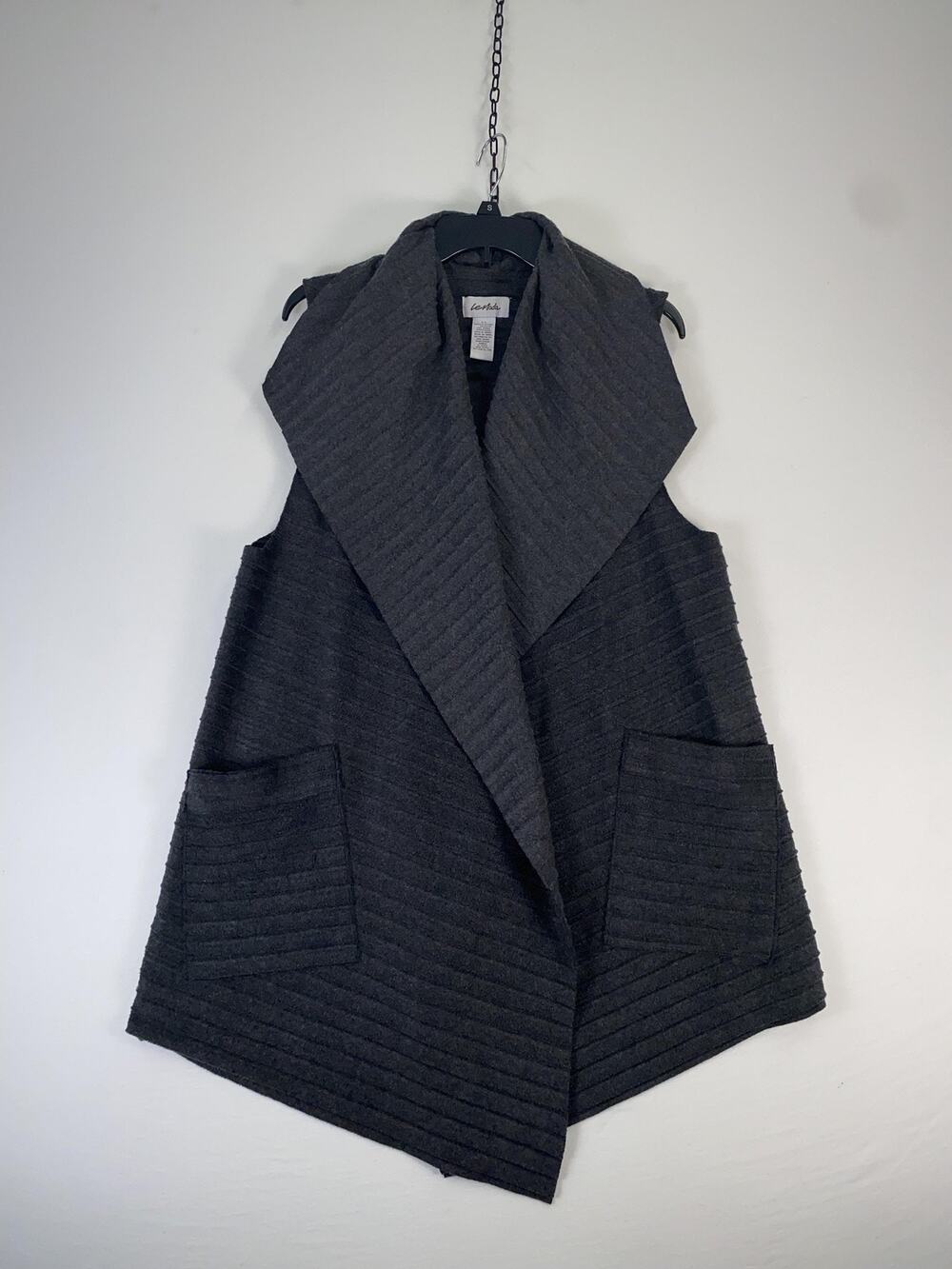 LeModa Vest Womens S/L Gray Stripe Knit Open Front Shawl Collar Pockets
